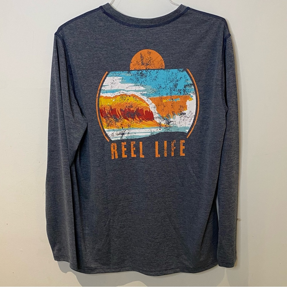 REEL Life Men’s Long Sleeve Shirt Ocean Washed Sunset Waves Heather Blue- Size L